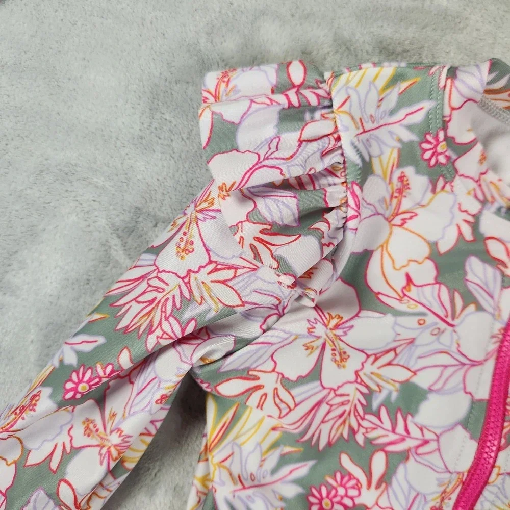 Wonder Nation Girl Swimsuit 5T Pink Multicolor Floral Long Sleeve Ruffle 1/4 Zip
